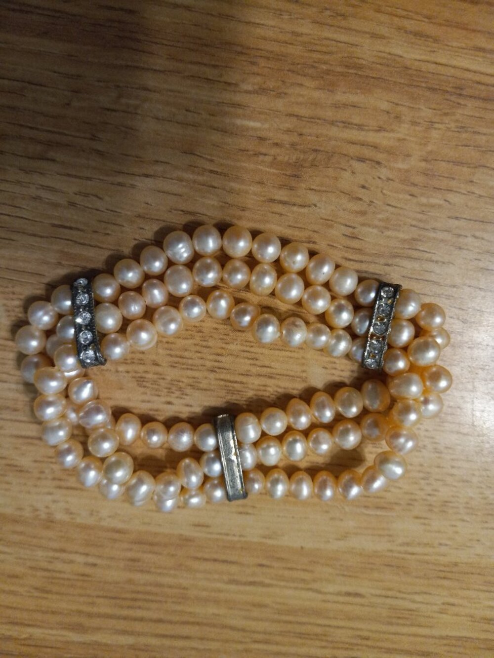Freshwater Pearls w rhinestones three row bracelet